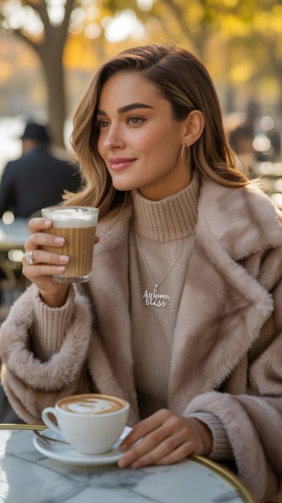 A woman lounges with coffee in a plush faux fur jacket over a cozy matching knit set. The soft textures and neutral tones create a rich, warm vibe.