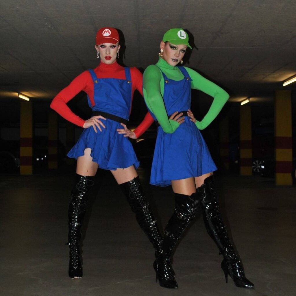 Mario & Luigi – Classic overalls and fake mustaches for a gamer duo.