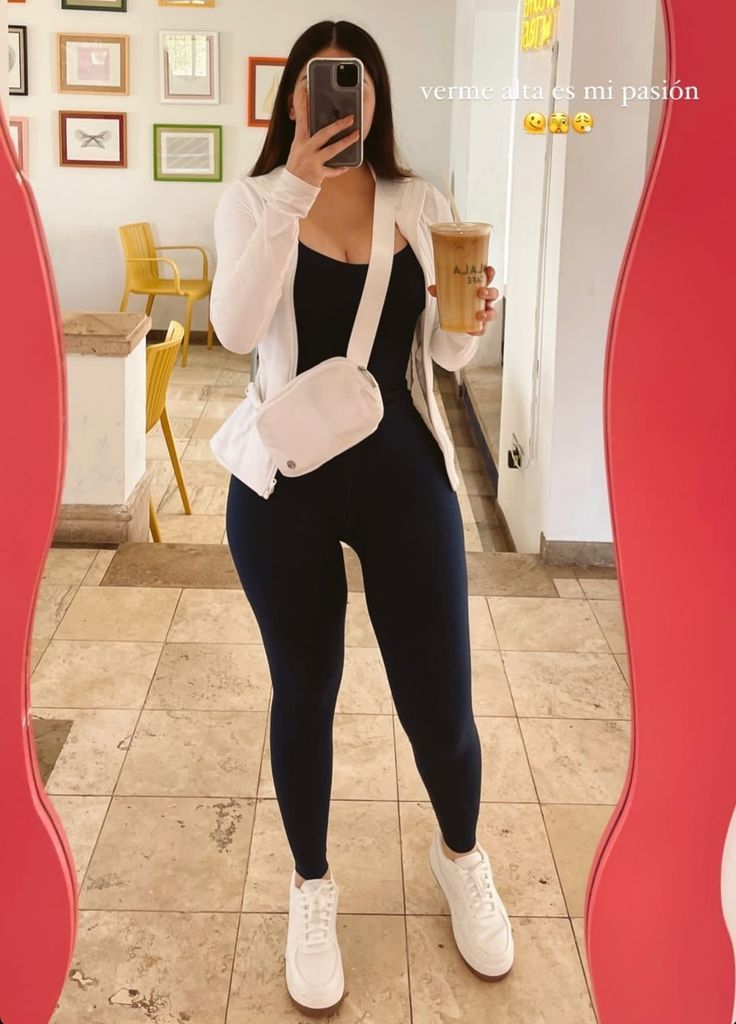 Dark Blue Leggings with Round Neck Top and White Button-down Skirt 