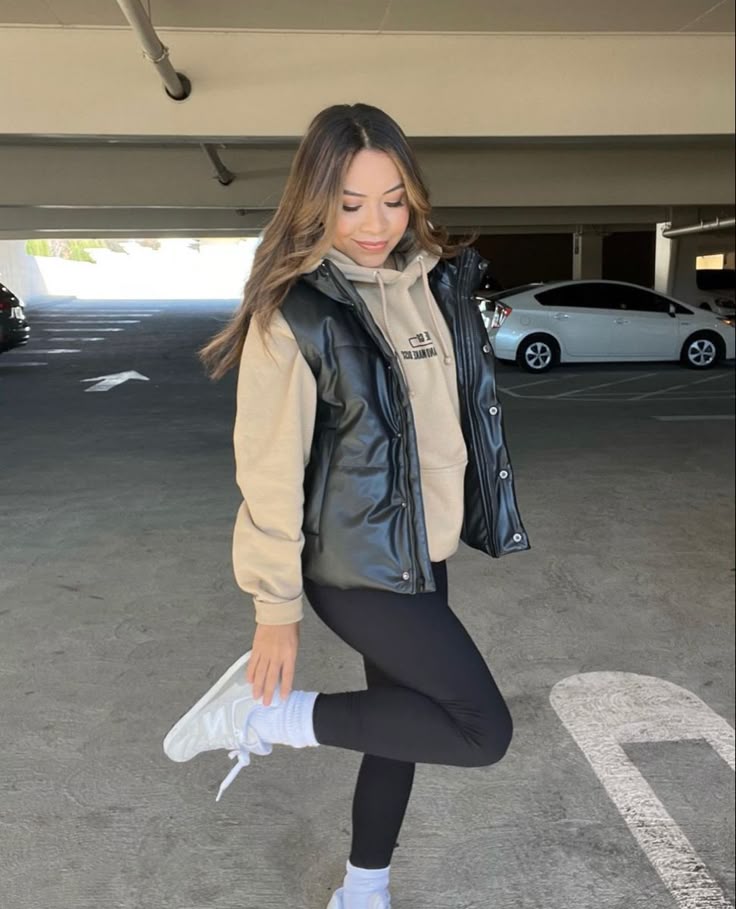 Black Vest with Hooded sweatshirt, leggings with sneakers
