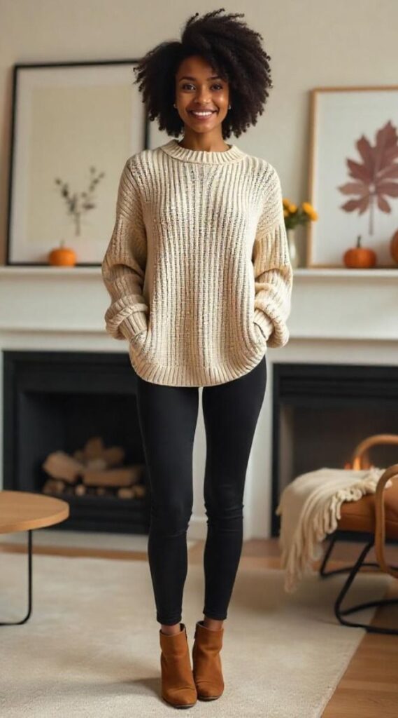 Brown Ankle Boots with Leggings and Sweater