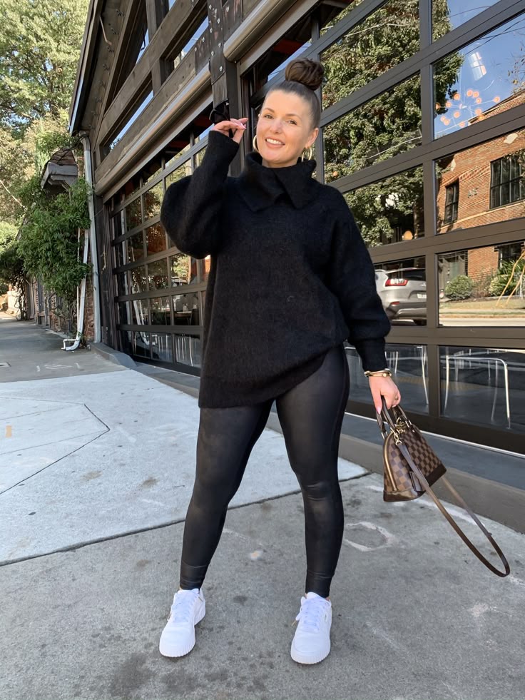 All Black Sweater with leggings and LV bag casual look