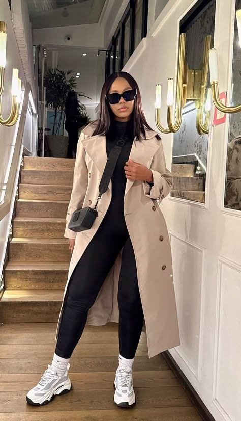 Long coat with all black Leggings and Top 