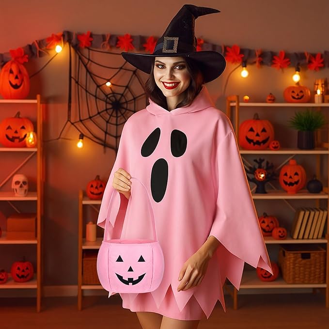 2 Pcs Halloween Pink Ghost Costume for Adults with Pumpkin Candy Bag Spooky Poncho Hooded Cape for Women Cosplay