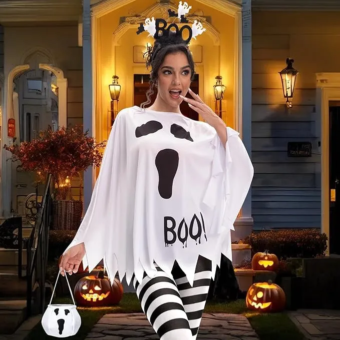 4 PCS Halloween Costume Set for Women Adult Ghost Costume Ghost Poncho for Female Candy Bag Headband and Striped Tights Unique Cute Halloween Costumes Woman 2025 for Party Cosplay Ghost Halloween Costume Ideas