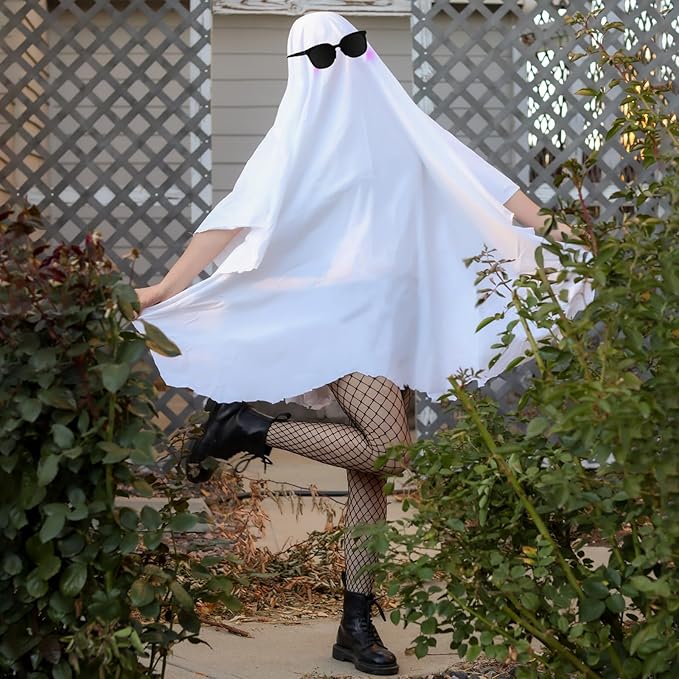 Ghost Halloween Costume Women Adult White Ghost Poncho Glasses Fishnet Stockings for Halloween Cosplay Party