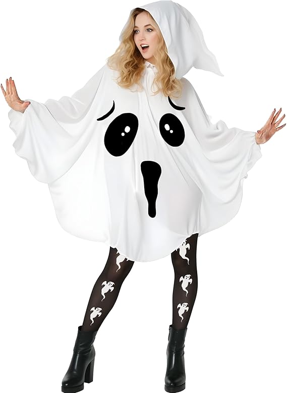 Halloween Ghost Costume Women,Ghost Poncho Adult Spooky Ghosts Costume White Ghosts Hooded