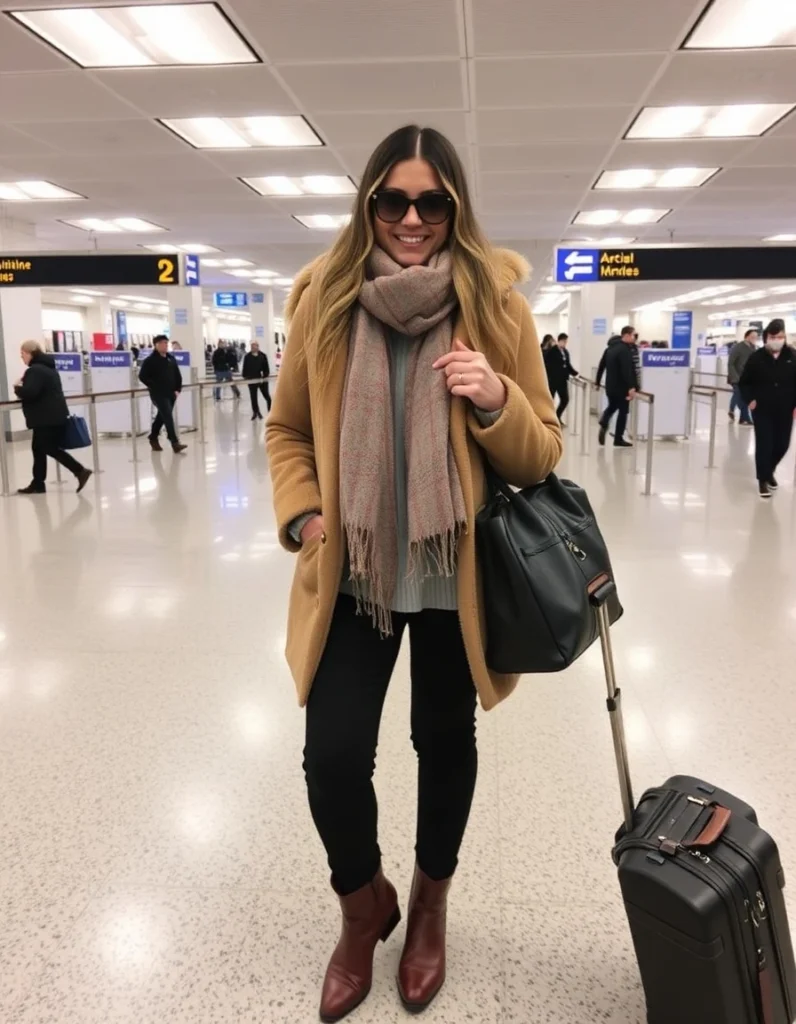 Winter Travel Outfit Ideas Stay Stylish and Warm Wherever You Go 21 Winter travel outfit ideas for women get cozy airport looks, layering tips, and 30 outfit inspirations to stay warm and stylish while traveling this winter. Brown Leather Boots with Black Jeans, long coat Sweater and Scarf