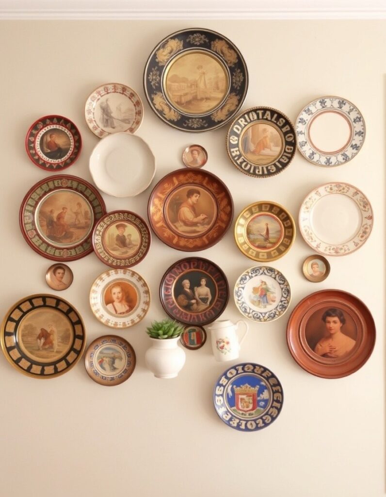 A collection of vintage plates on the wall 30 Room Decor Aesthetic Ideas