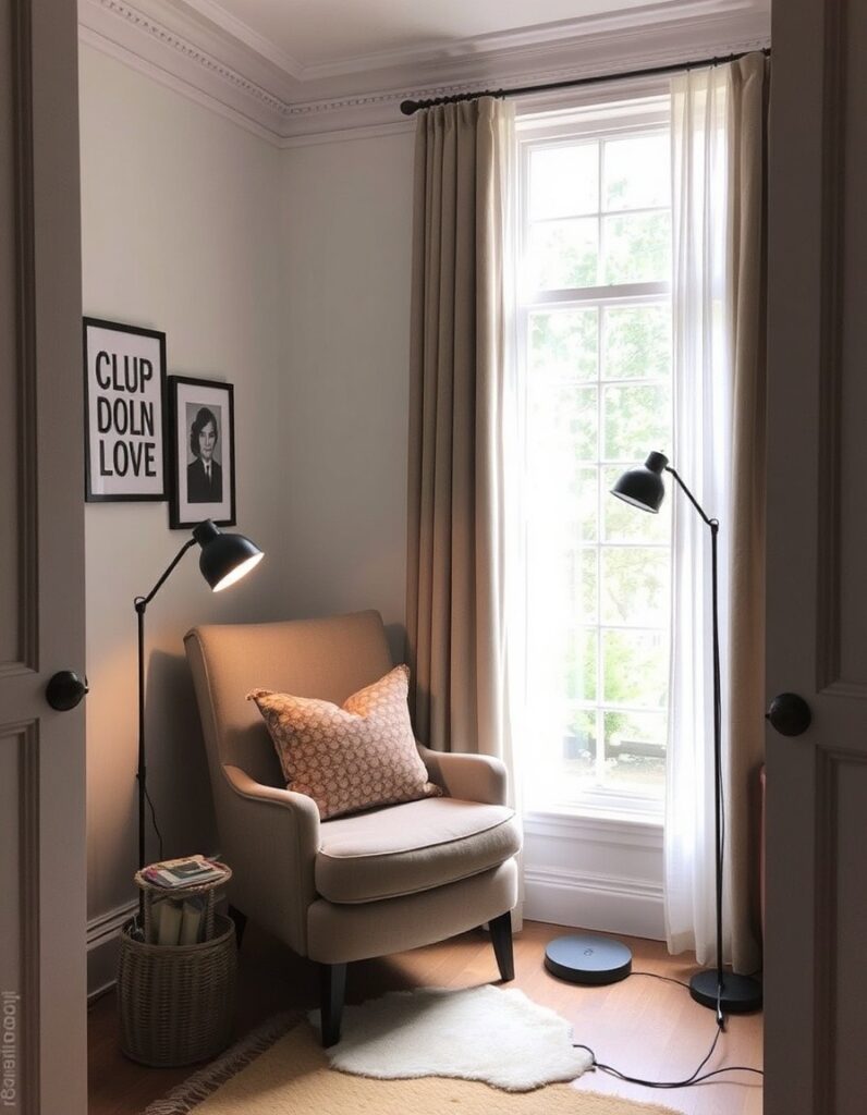 A cozy reading nook with a comfy chair and floor lamp 30 Room Decor Aesthetic Ideas