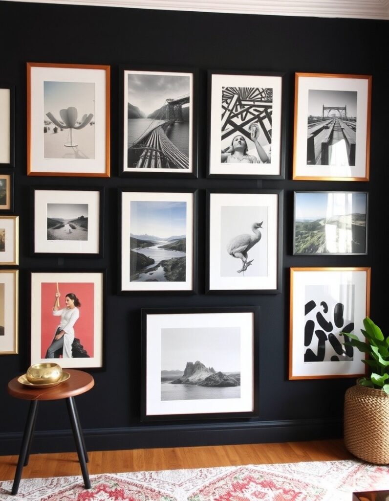 A gallery wall of mixed art prints and photos 30 Room Decor Aesthetic Ideas