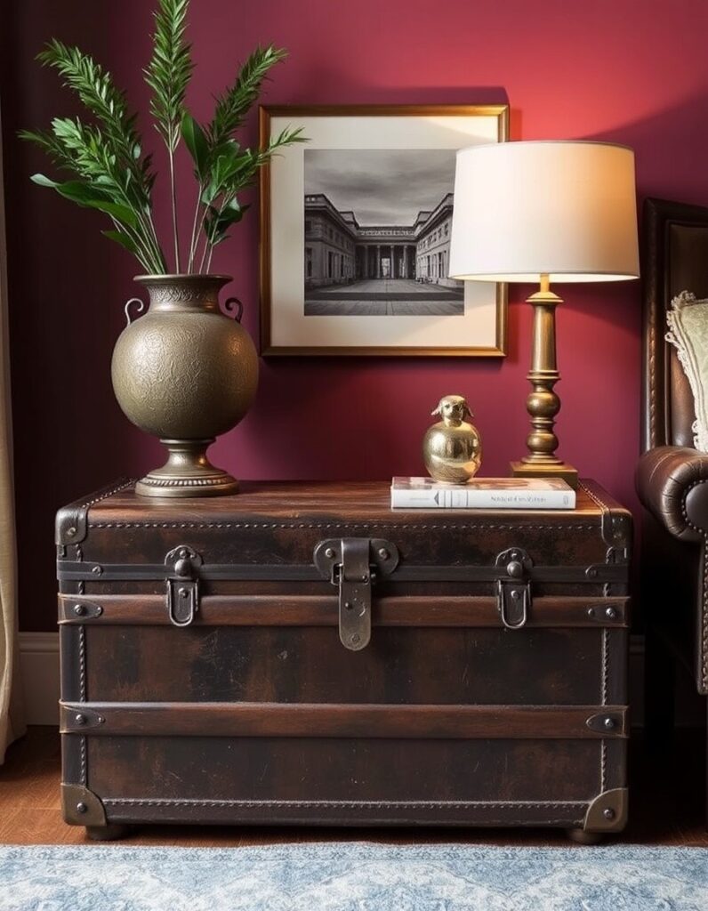 A vintage trunk used as a side table 30 Room Decor Aesthetic Ideas