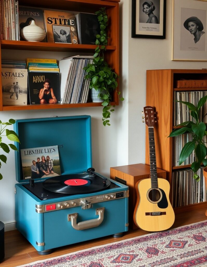 A vinyl record player and a small record collection 30 Room Decor Aesthetic Ideas
