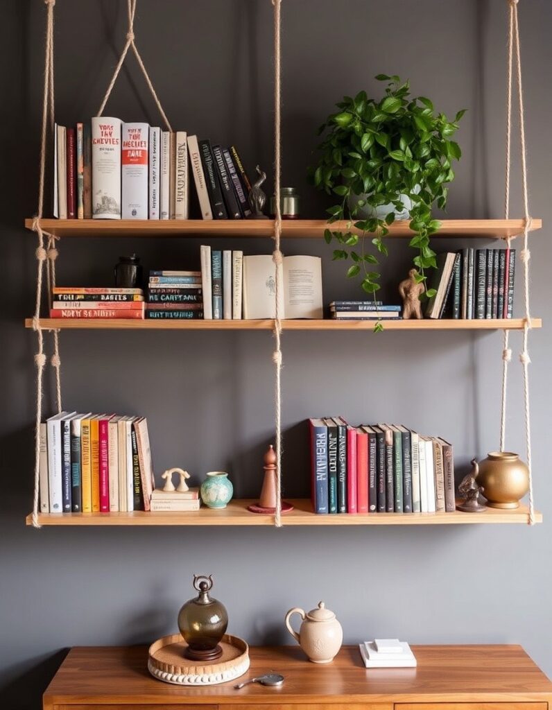 String shelves for displaying books and knick-knacks 30 Room Decor Aesthetic Ideas