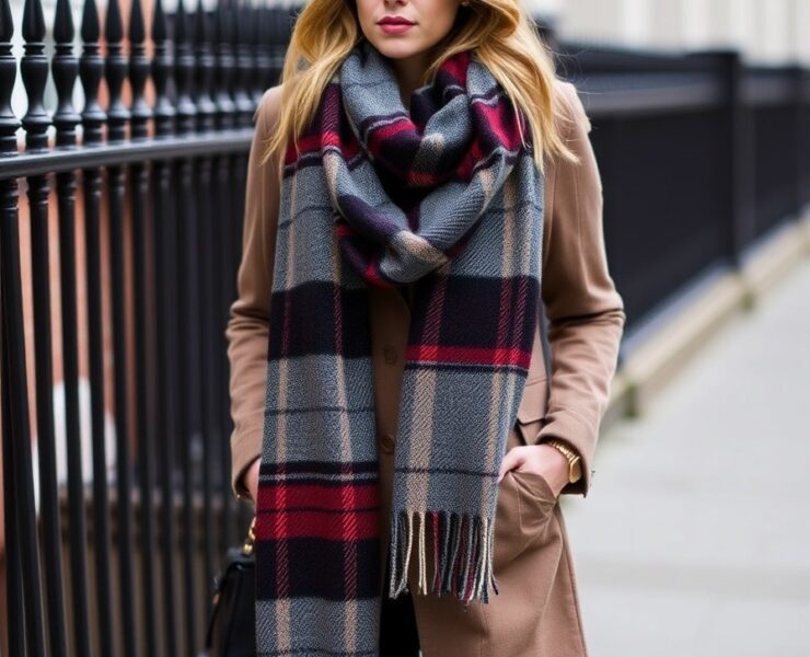 A plaid wool scarf to add a pop of pattern to a monochrome outfit NYC Winter Outfits Looks and Styles