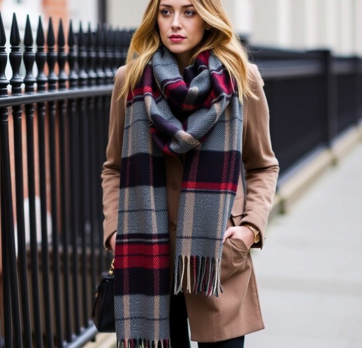 A plaid wool scarf to add a pop of pattern to a monochrome outfit NYC Winter Outfits Looks and Styles