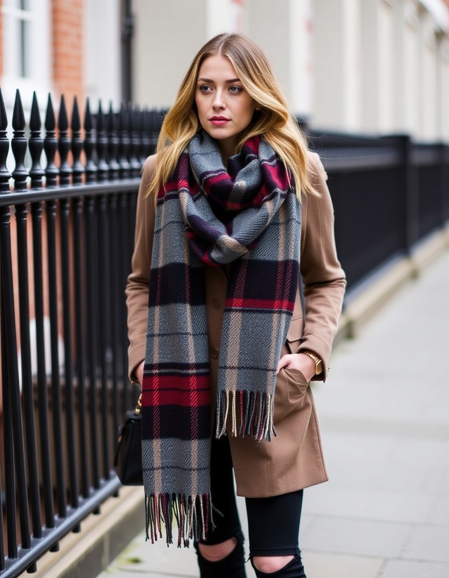 A plaid wool scarf to add a pop of pattern to a monochrome outfit NYC Winter Outfits Looks and Styles