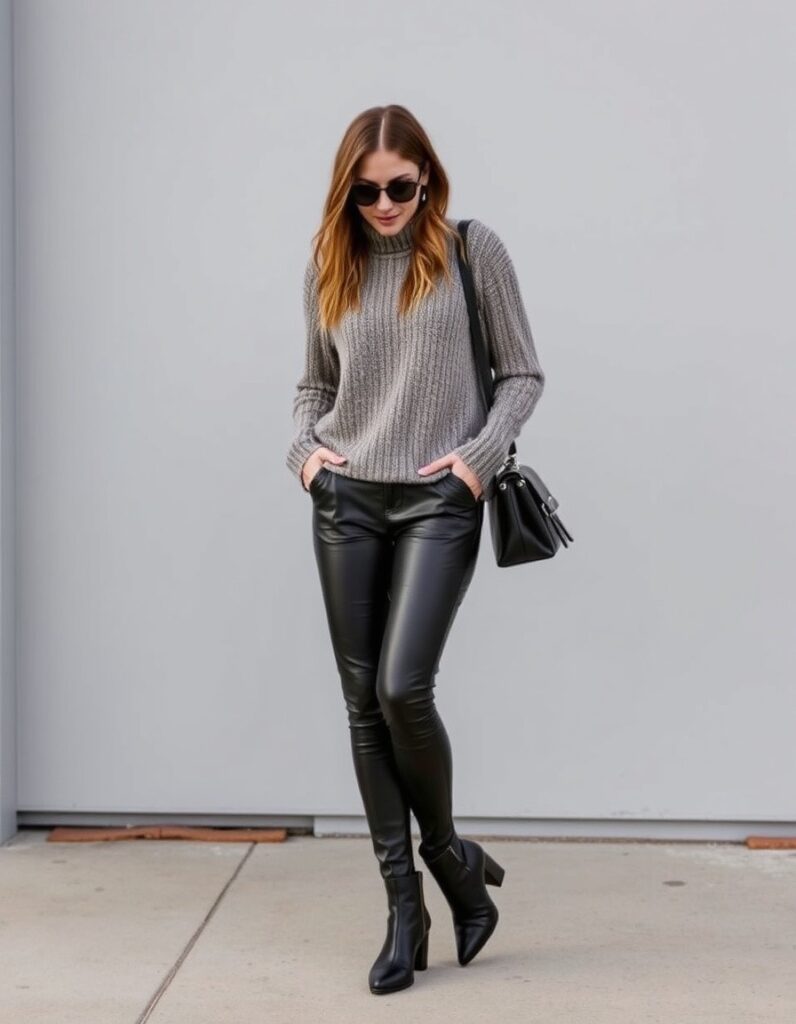 NYC Winter Outfits Looks and Styles 12 NYC Winter Outfits - Let's have a fun and exciting Winter this season. New York City in the winter is a magical yet merciless experience. NYC Winter Outfits - Leather pants with a chunky knit sweater and statement ankle boots