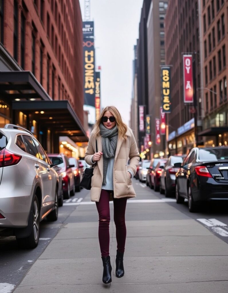 NYC Winter Outfits Looks and Styles 31 NYC Winter Outfits - Let's have a fun and exciting Winter this season. New York City in the winter is a magical yet merciless experience. Cozy Puffer Jacket with Knit Scarf