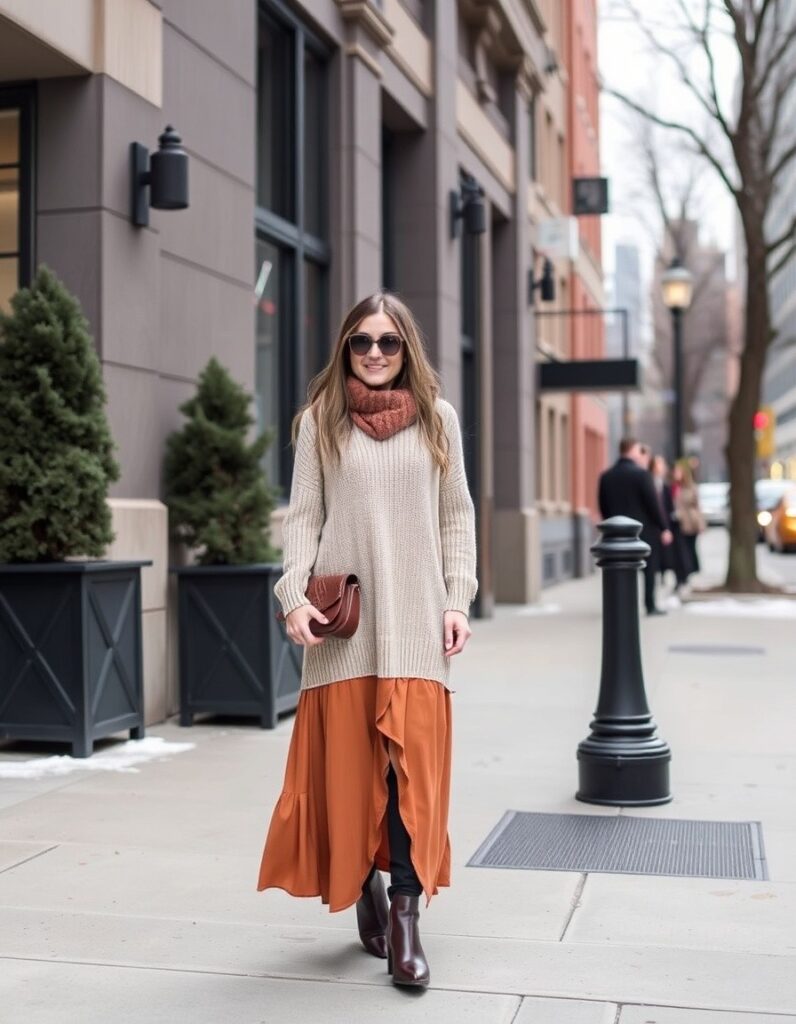 NYC Winter Outfits Looks and Styles 30 NYC Winter Outfits - Let's have a fun and exciting Winter this season. New York City in the winter is a magical yet merciless experience. Knit Sweater with midi Skirt, Scarf, and Chelsea Boots