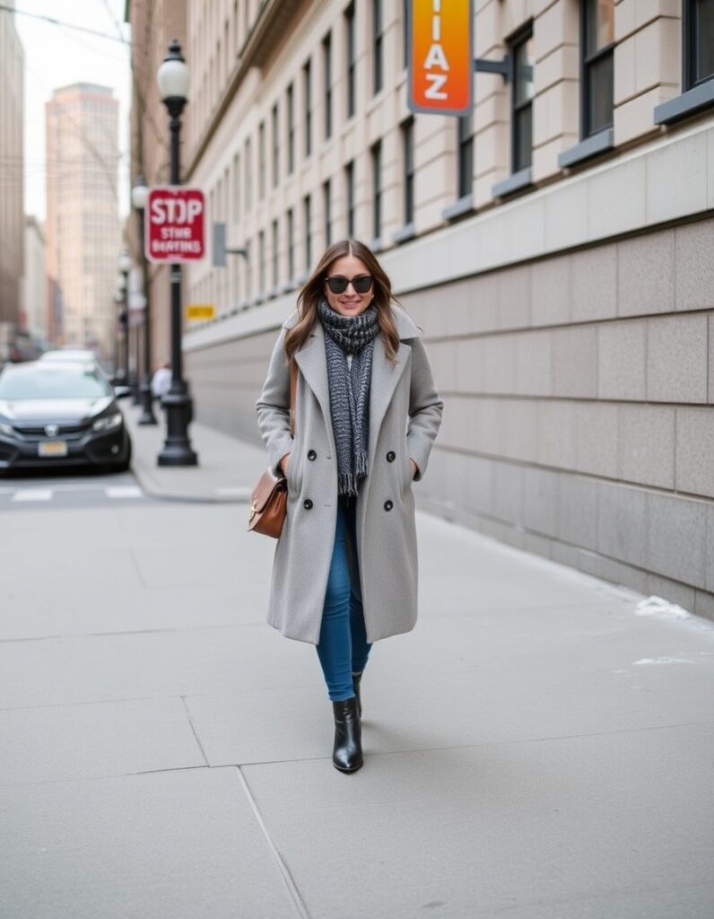 NYC Winter Outfits Looks and Styles 29 NYC Winter Outfits - Let's have a fun and exciting Winter this season. New York City in the winter is a magical yet merciless experience. Gray Coat with Scarf and Boots