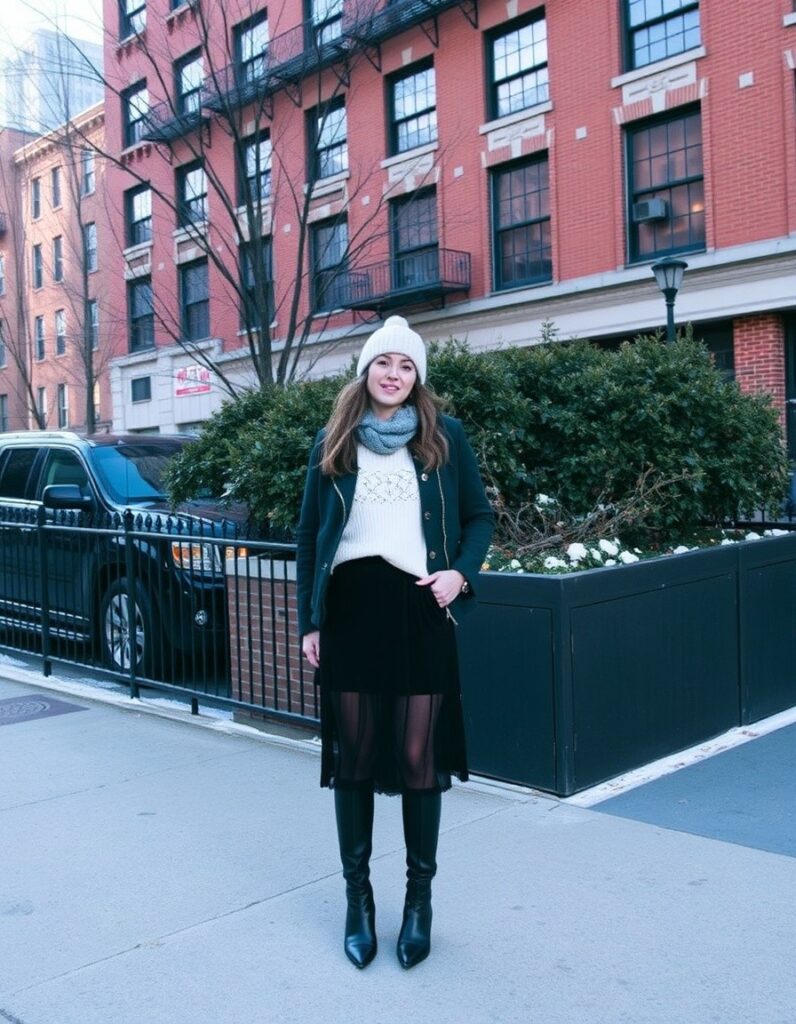 NYC Winter Outfits Looks and Styles 28 NYC Winter Outfits - Let's have a fun and exciting Winter this season. New York City in the winter is a magical yet merciless experience. Skirt with Sweater and Thermal leggings