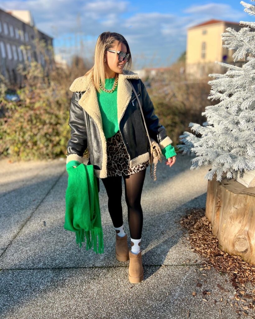 NYC Winter Outfits Looks and Styles 34 NYC Winter Outfits - Let's have a fun and exciting Winter this season. New York City in the winter is a magical yet merciless experience. Leather Jacket with Sweater and Skirt