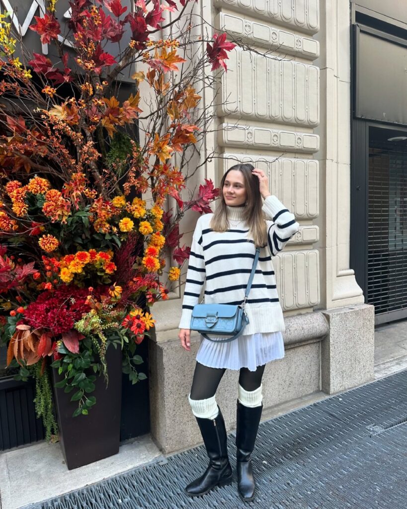 NYC Winter Outfits Looks and Styles 33 NYC Winter Outfits - Let's have a fun and exciting Winter this season. New York City in the winter is a magical yet merciless experience. Terminal Legging with White Skirt and Striped Sweater