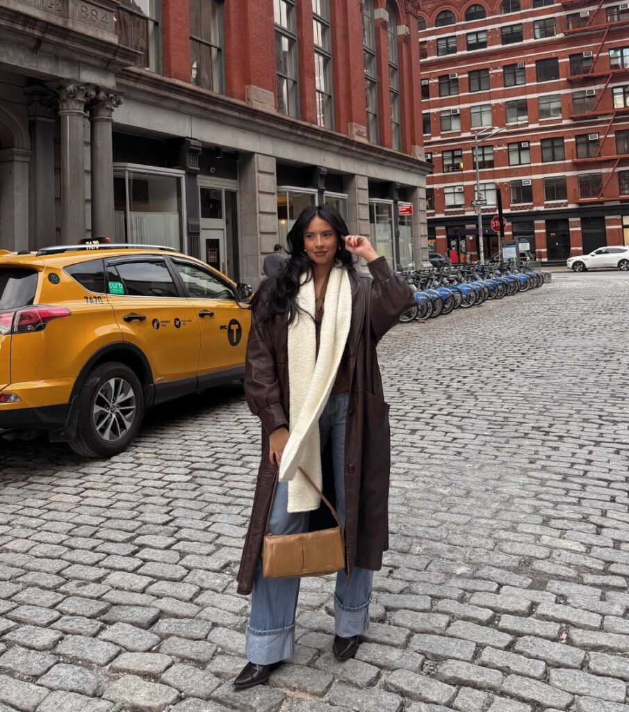 NYC Winter Outfits Looks and Styles 27 NYC Winter Outfits - Let's have a fun and exciting Winter this season. New York City in the winter is a magical yet merciless experience. Leather coat with Jeans and Scarf