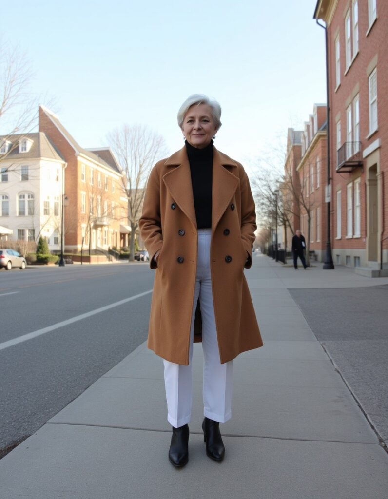 Winter Outfit for Women Over 50 A Guide to Style and Comfort 5 Winter Outfit for Women Over 50 A Guide to Style and Comfort A camel wool coat over a black turtleneck and white trousers for over 50