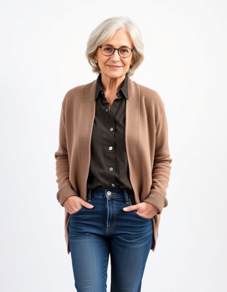 Winter Outfit for Women Over 50 A Guide to Style and Comfort 11 Winter Outfit for Women Over 50 A Guide to Style and Comfort A cashmere cardigan layered over a button-down shirt and jeans for over 50 woman