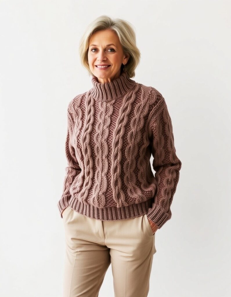 Winter Outfit for Women Over 50 A Guide to Style and Comfort 29 Winter Outfit for Women Over 50 A Guide to Style and Comfort A chunky cable-knit sweater with slim-fit pants to balance volume for over 50 woman