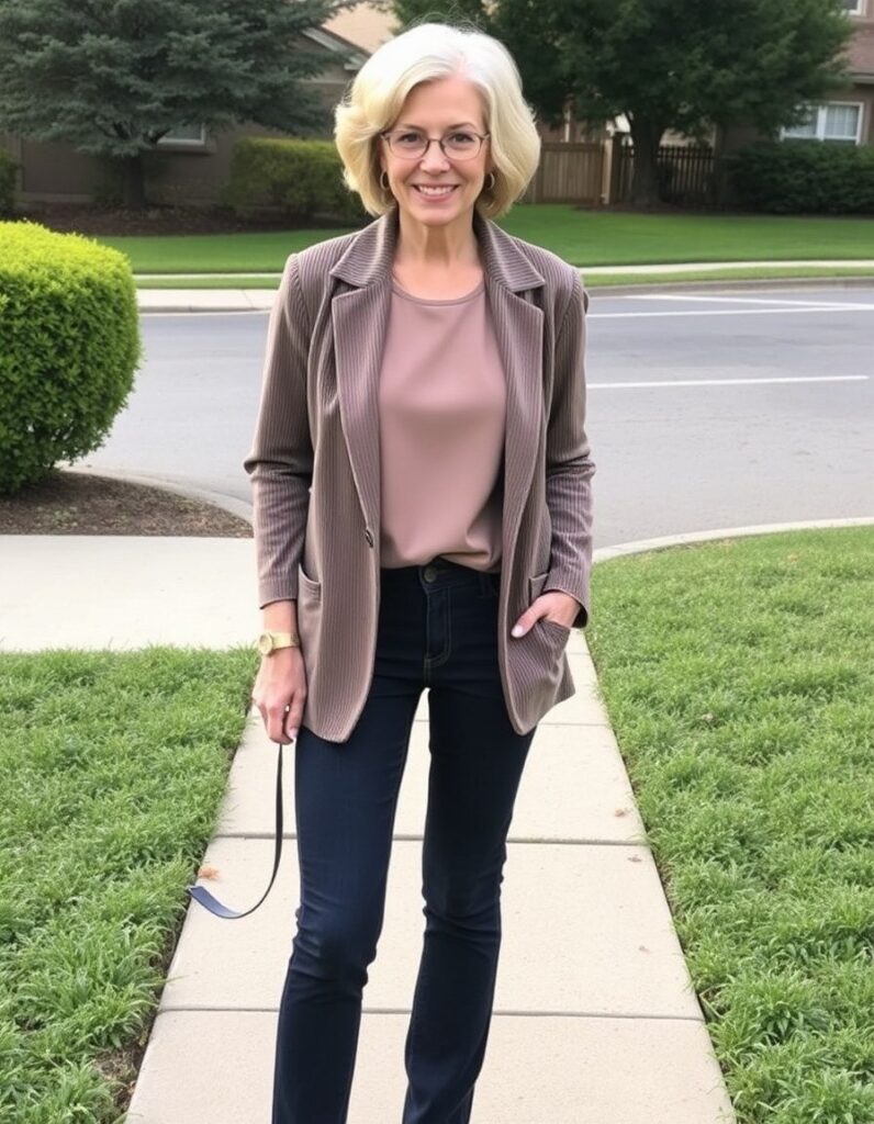 Winter Outfit for Women Over 50 A Guide to Style and Comfort 7 Winter Outfit for Women Over 50 A Guide to Style and Comfort A corduroy blazer, dark jeans, and a simple shell top for over 50