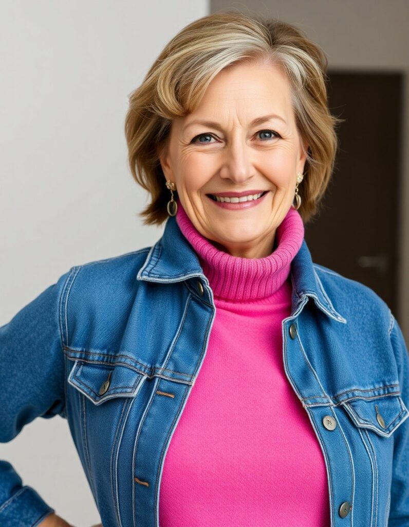 Winter Outfit for Women Over 50 A Guide to Style and Comfort 19 Winter Outfit for Women Over 50 A Guide to Style and Comfort A denim shirt under a solid-colored sweater for a layered collar pop for over 50 woman