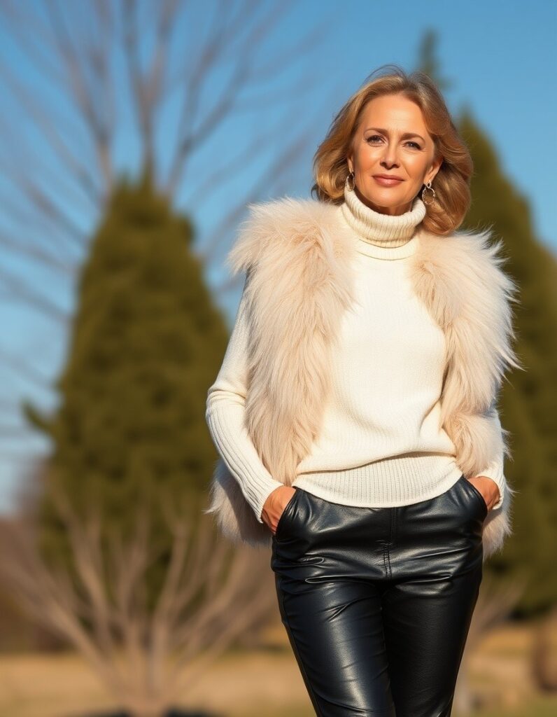 Winter Outfit for Women Over 50 A Guide to Style and Comfort 15 Winter Outfit for Women Over 50 A Guide to Style and Comfort A faux fur vest with a rollneck sweater and leather pants for over 50 woman