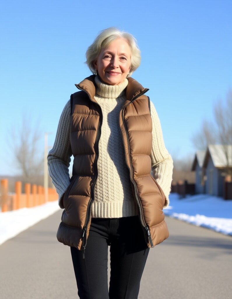 Winter Outfit for Women Over 50 A Guide to Style and Comfort 9 Winter Outfit for Women Over 50 A Guide to Style and Comfort A long puffer vest over a chunky knit sweater and slim-fit pants for over 50 woman