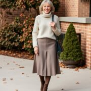 A midi skirt with a cozy sweater and booties for over 50 woman Winter Outfit for Women Over 50 A Guide to Style and Comfort