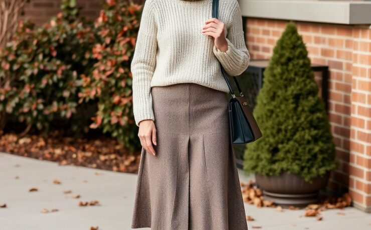 A midi skirt with a cozy sweater and booties for over 50 woman Winter Outfit for Women Over 50 A Guide to Style and Comfort