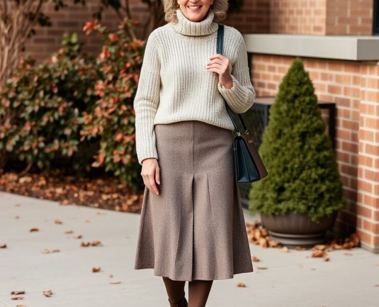 A midi skirt with a cozy sweater and booties for over 50 woman Winter Outfit for Women Over 50 A Guide to Style and Comfort