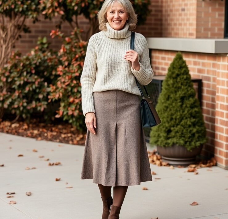 Winter Outfit for Women Over 50 A Guide to Style and Comfort 1 Winter Outfit for Women Over 50 A Guide to Style and Comfort A midi skirt with a cozy sweater and booties for over 50 woman Winter Outfit for Women Over 50 A Guide to Style and Comfort