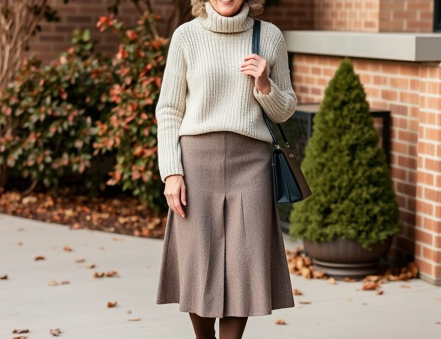 A midi skirt with a cozy sweater and booties for over 50 woman Winter Outfit for Women Over 50 A Guide to Style and Comfort