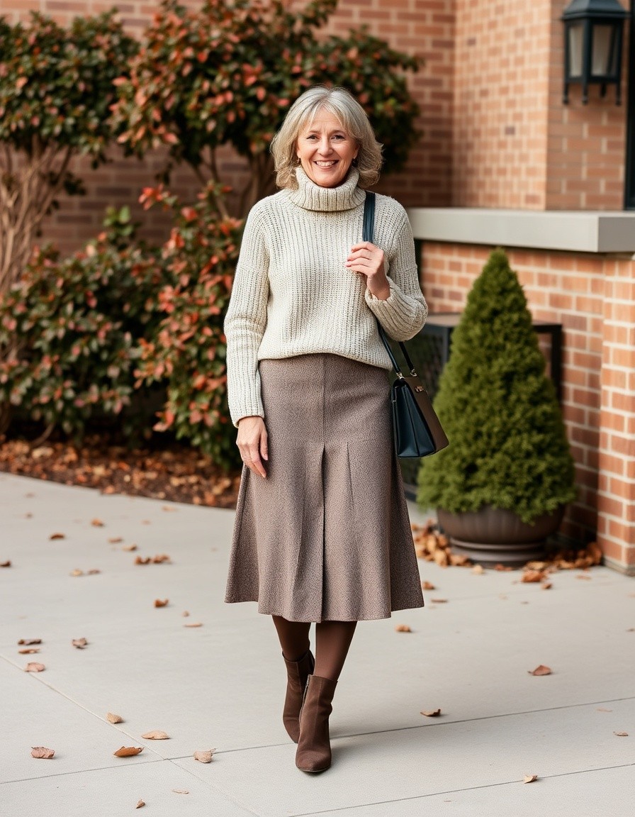 A midi skirt with a cozy sweater and booties for over 50 woman Winter Outfit for Women Over 50 A Guide to Style and Comfort