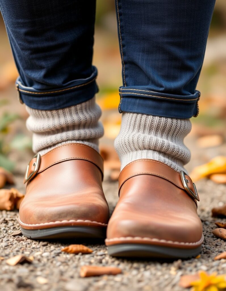 Winter Outfit for Women Over 50 A Guide to Style and Comfort 24 Winter Outfit for Women Over 50 A Guide to Style and Comfort A pair of comfortable, stylish clogs with thick socks for over 50 woman