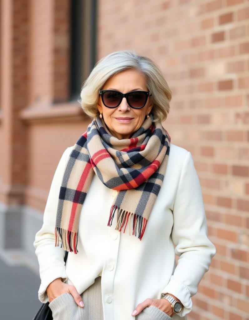 Winter Outfit for Women Over 50 A Guide to Style and Comfort 16 Winter Outfit for Women Over 50 A Guide to Style and Comfort A plaid wool scarf to add pattern to a monochrome outfit for over 50 woman