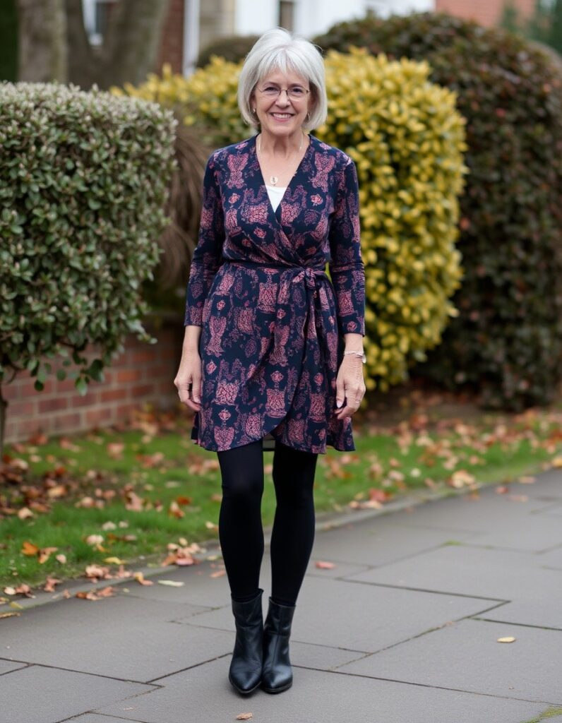 Winter Outfit for Women Over 50 A Guide to Style and Comfort 12 Winter Outfit for Women Over 50 A Guide to Style and Comfort A printed wrap dress with thermal tights and ankle boots for over 50 woman