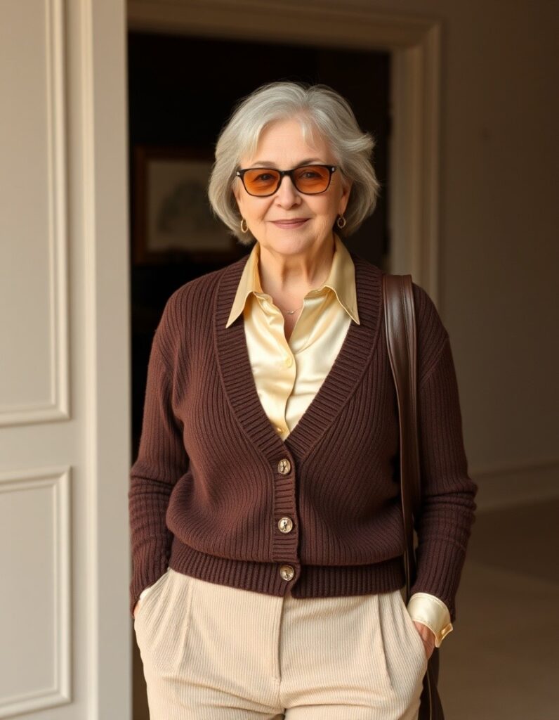 Winter Outfit for Women Over 50 A Guide to Style and Comfort 17 Winter Outfit for Women Over 50 A Guide to Style and Comfort A silk blouse under a V-neck sweater with corduroy pants for over 50 woman