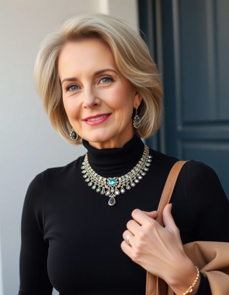 Winter Outfit for Women Over 50 A Guide to Style and Comfort 23 Winter Outfit for Women Over 50 A Guide to Style and Comfort A statement necklace to dress up a simple black turtleneck for over 50 woman