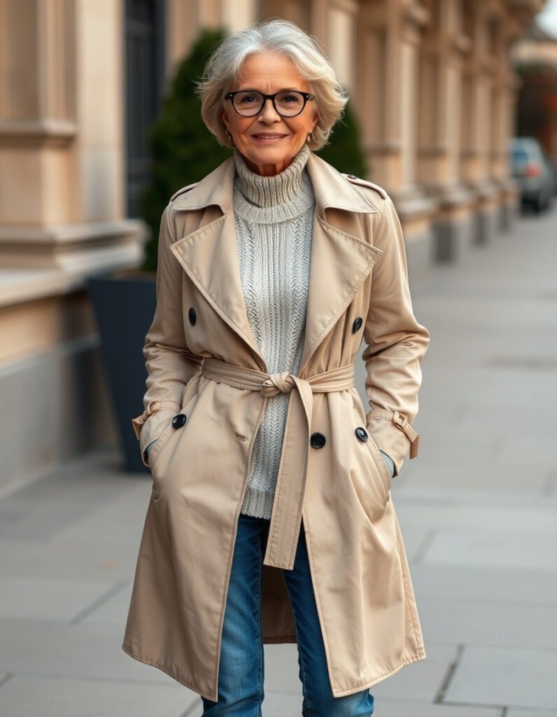 Winter Outfit for Women Over 50 A Guide to Style and Comfort 27 Winter Outfit for Women Over 50 A Guide to Style and Comfort A trench coat belted over a sweater and jeans for over 50 woman