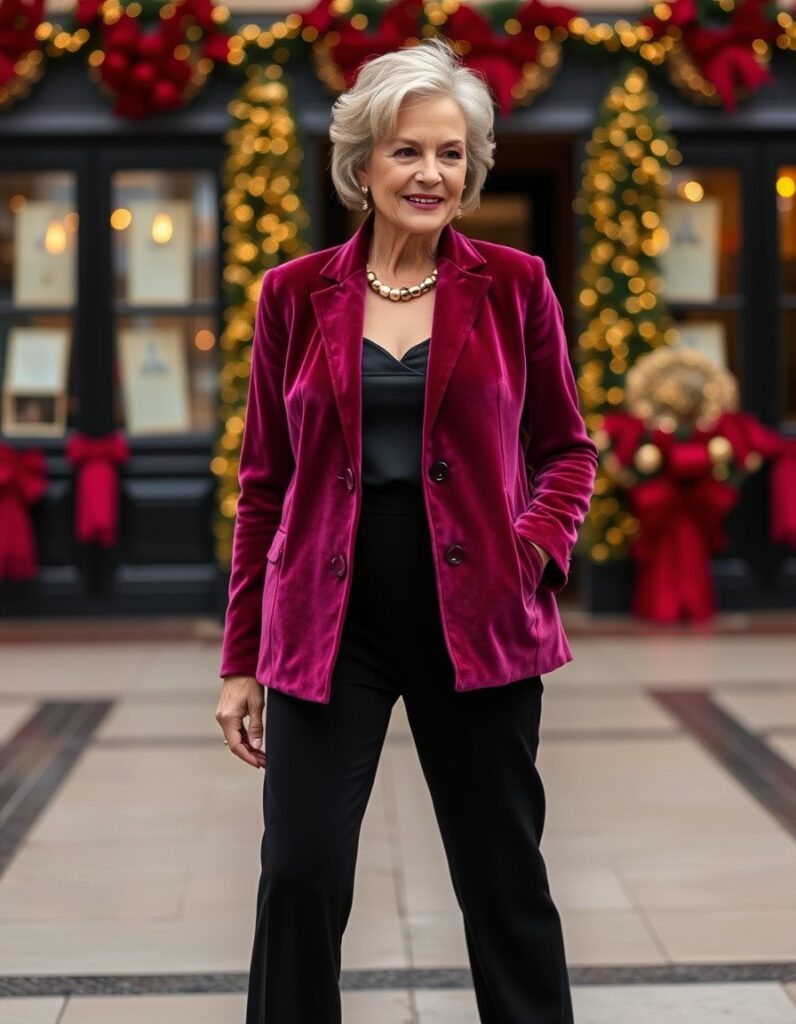 Winter Outfit for Women Over 50 A Guide to Style and Comfort 10 Winter Outfit for Women Over 50 A Guide to Style and Comfort A velvet blazer for a festive touch with black trousers for over 50 woman