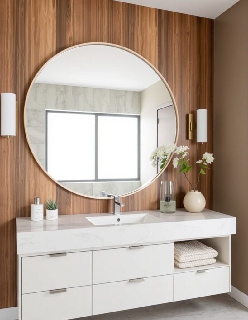 Modern Bathroom Ideas A large, round mirror over a rectangular vanity